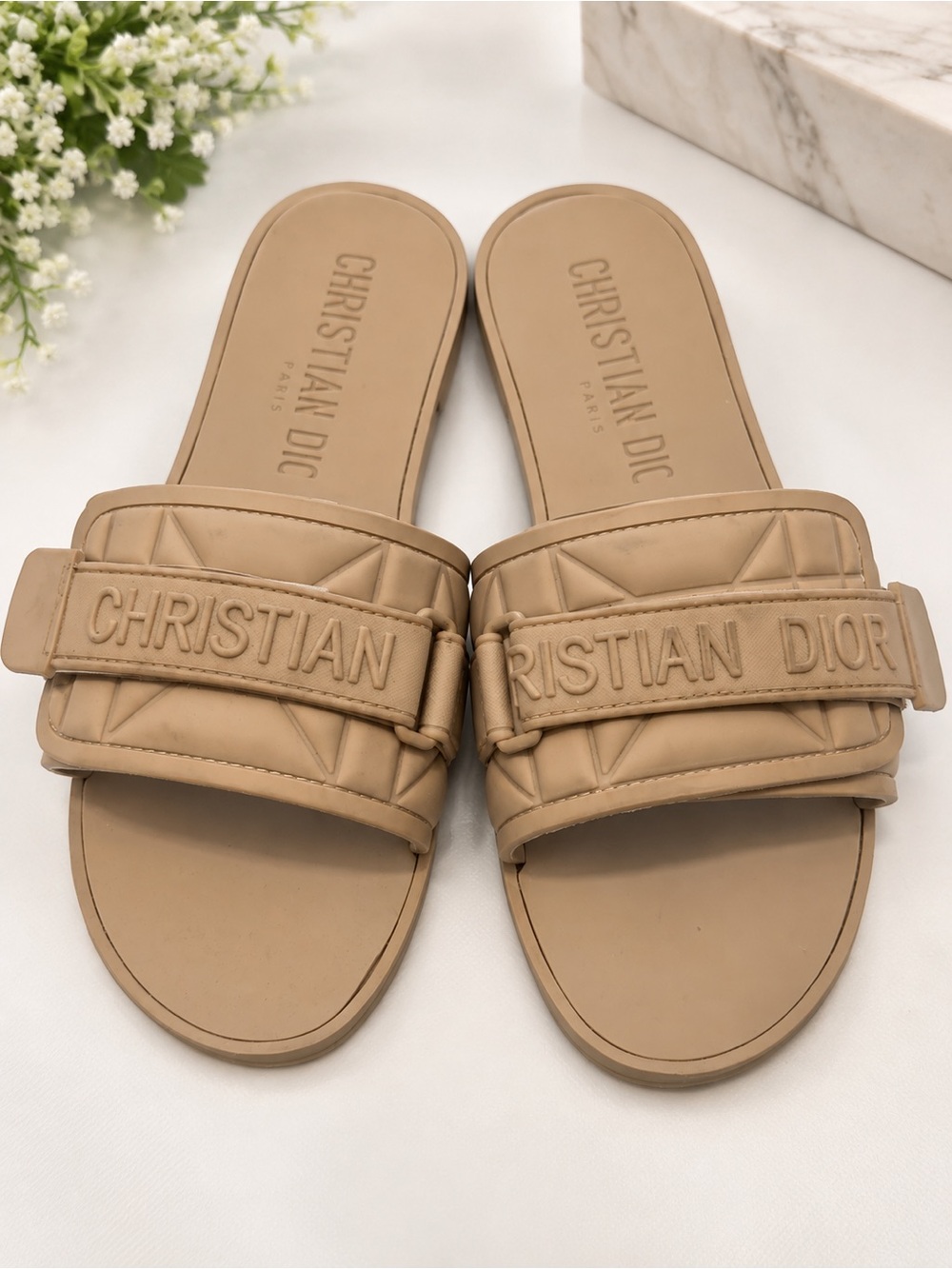 Dior Taupe Quilted Logo Slide Sandals